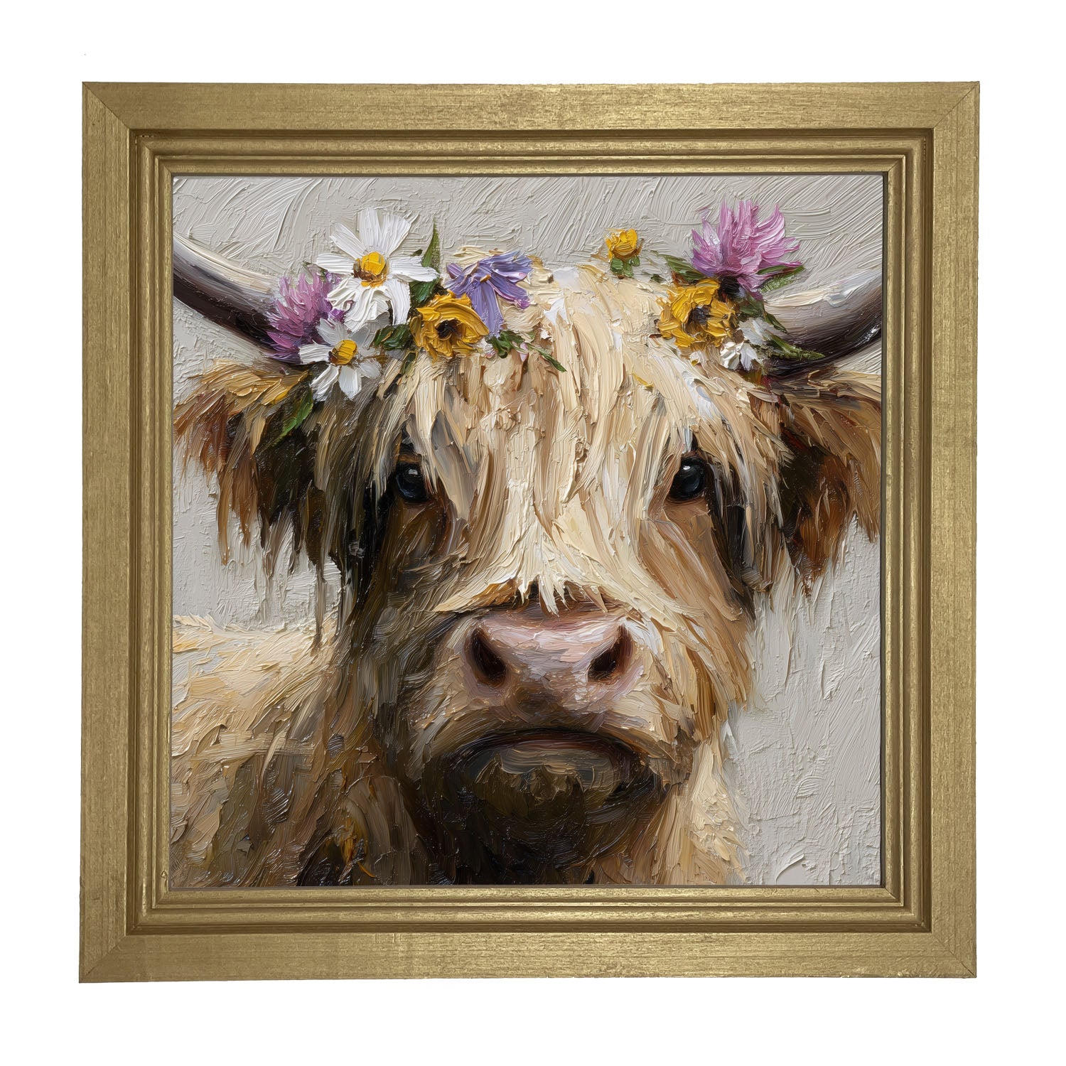 Spring Season Cow with Flowers in Hair - Framed Art