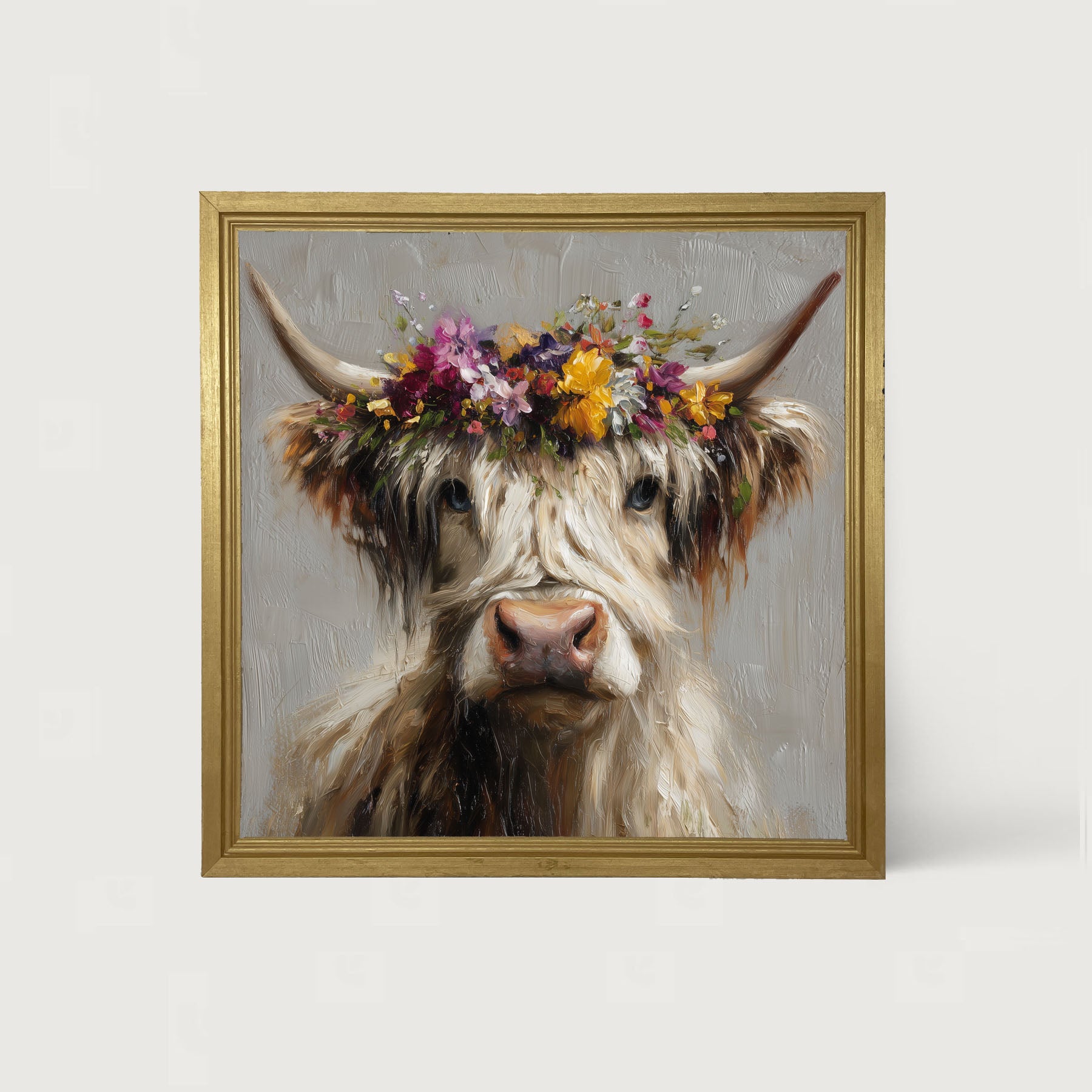 Spring Season Highland Cow with Floral Crown - Framed Art