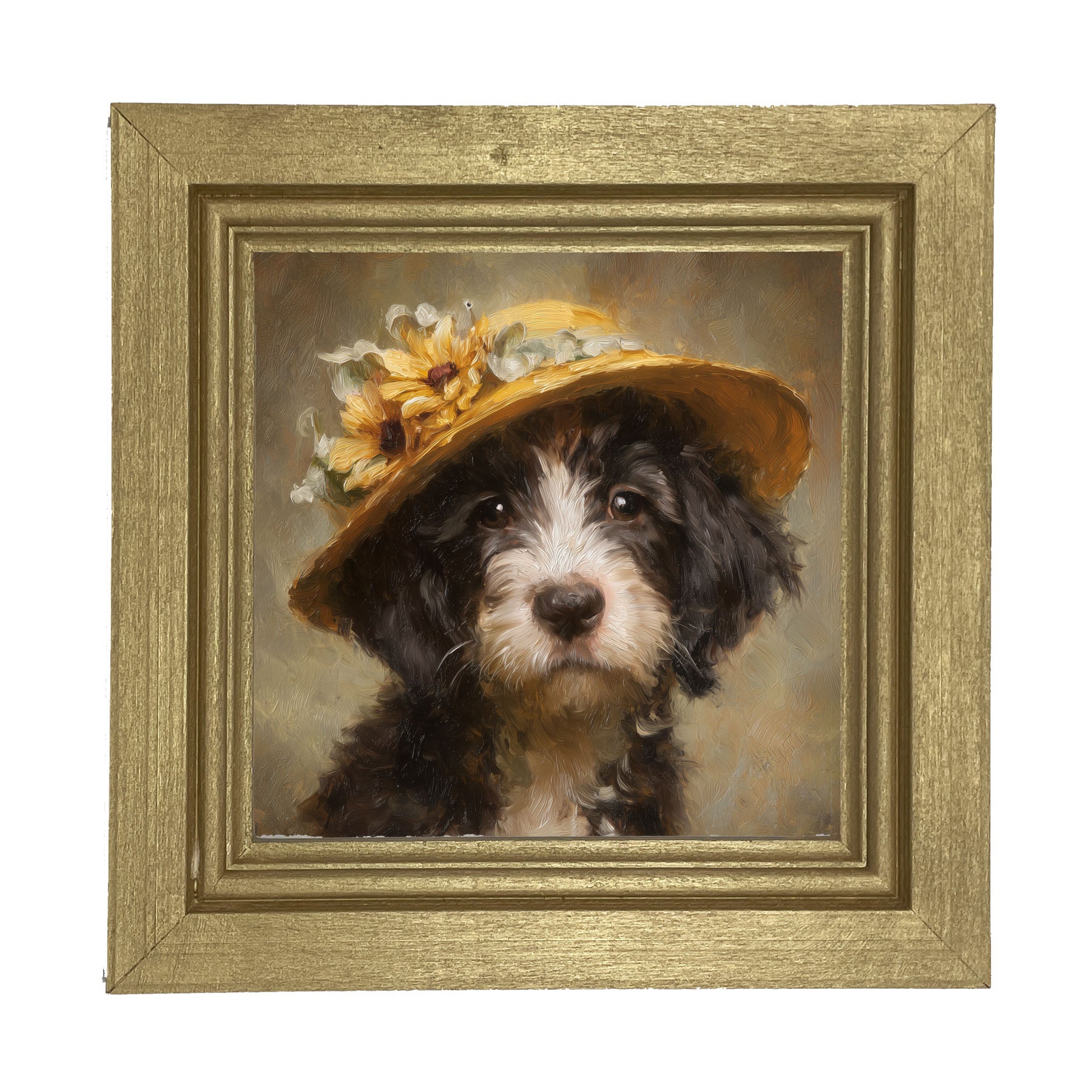 Dog in Yellow Floral Hat - Framed Art