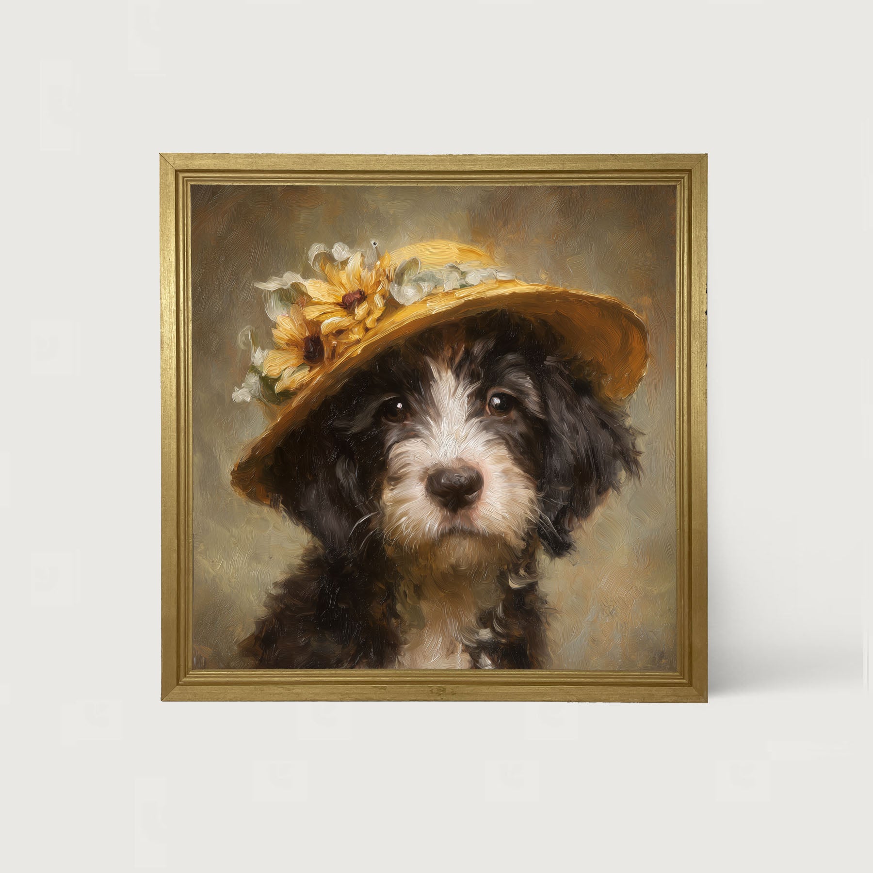 Dog in Yellow Floral Hat - Framed Art