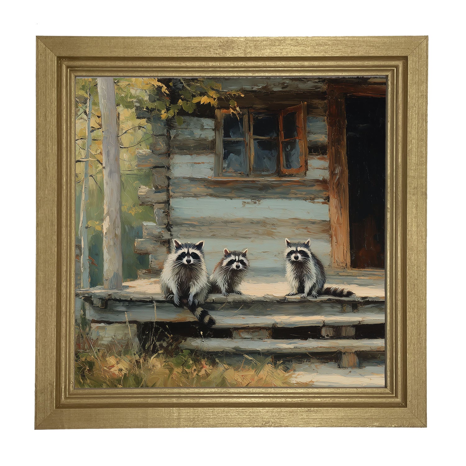 Raccoons on Cabin Porch - Framed Art