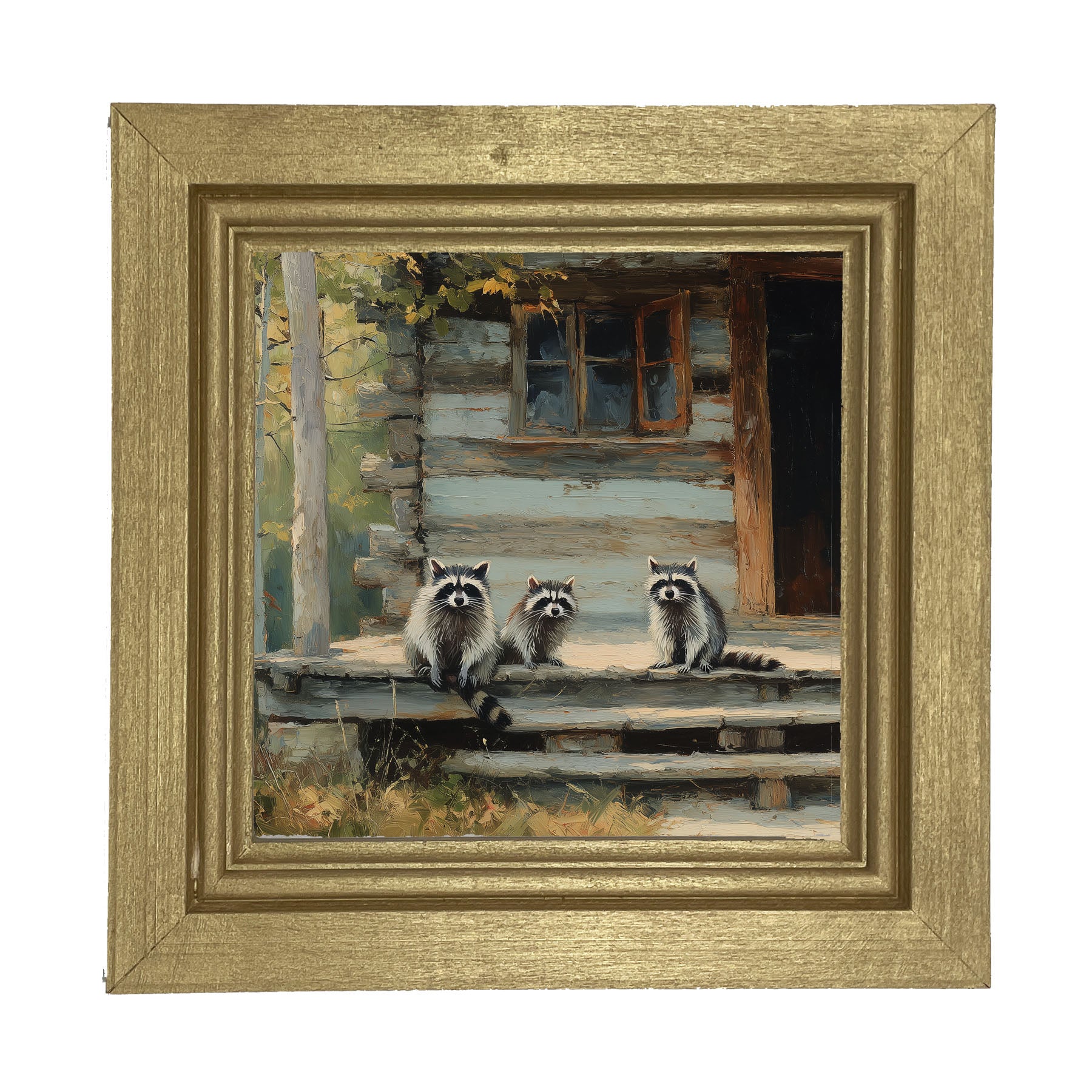 Raccoons on Cabin Porch - Framed Art
