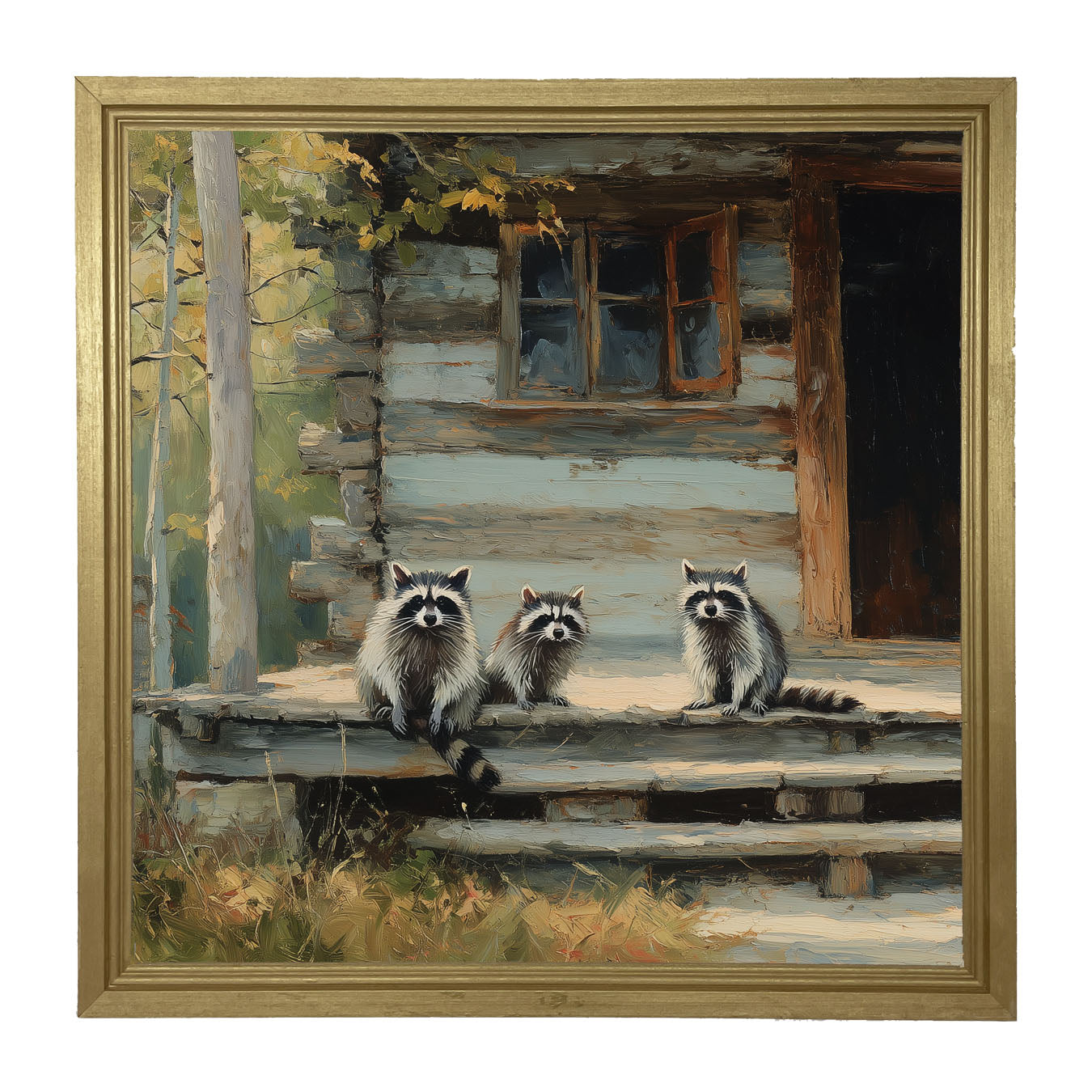 Raccoons on Cabin Porch - Framed Art