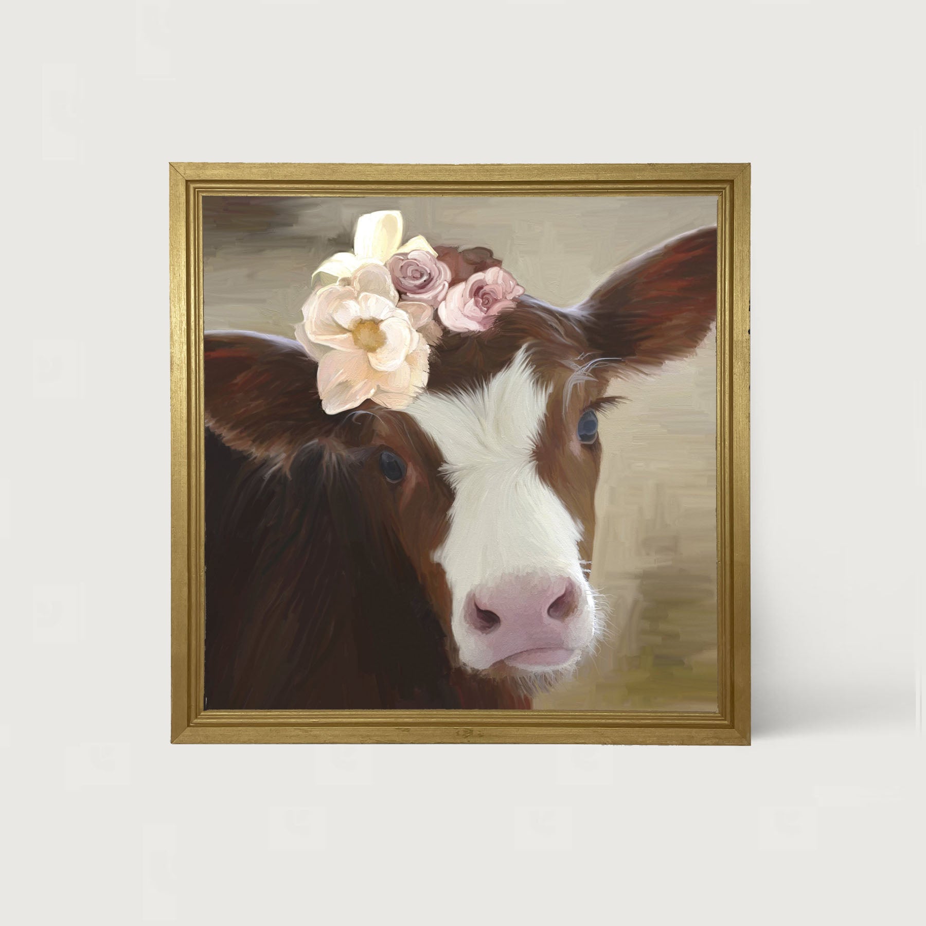 Baby cow with Flowers - Framed Art
