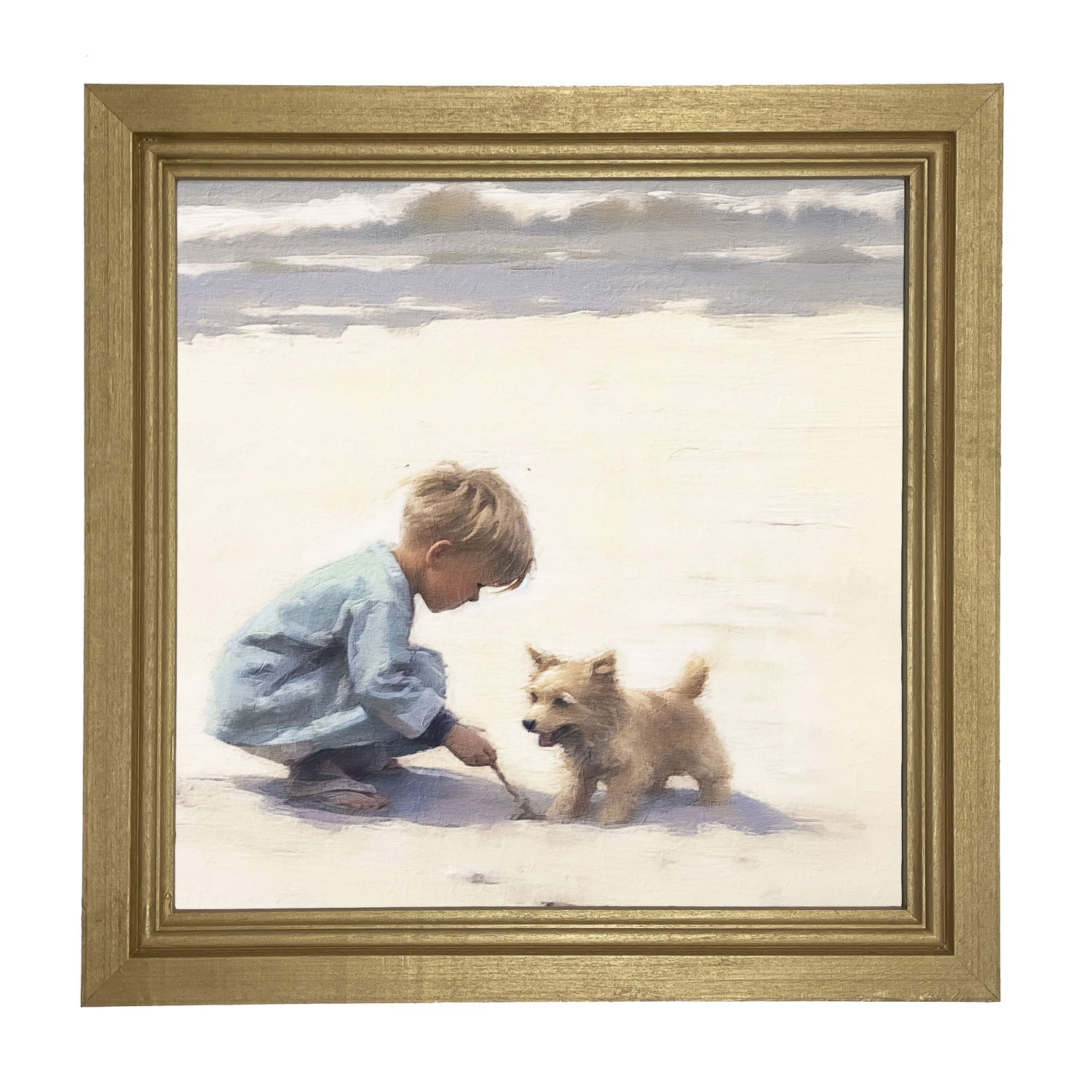 Boy with dog on beach - Framed art