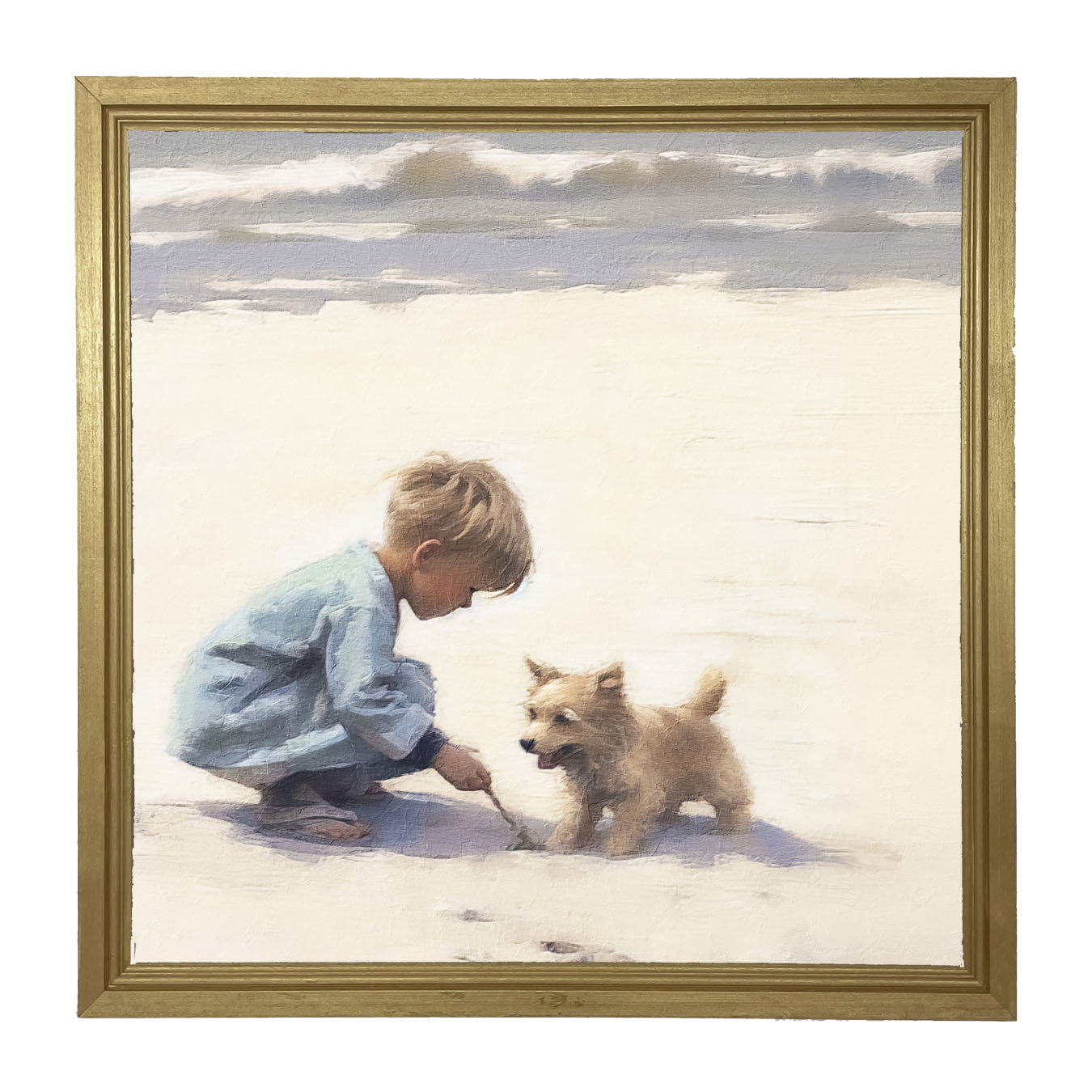 Boy with dog on beach - Framed art