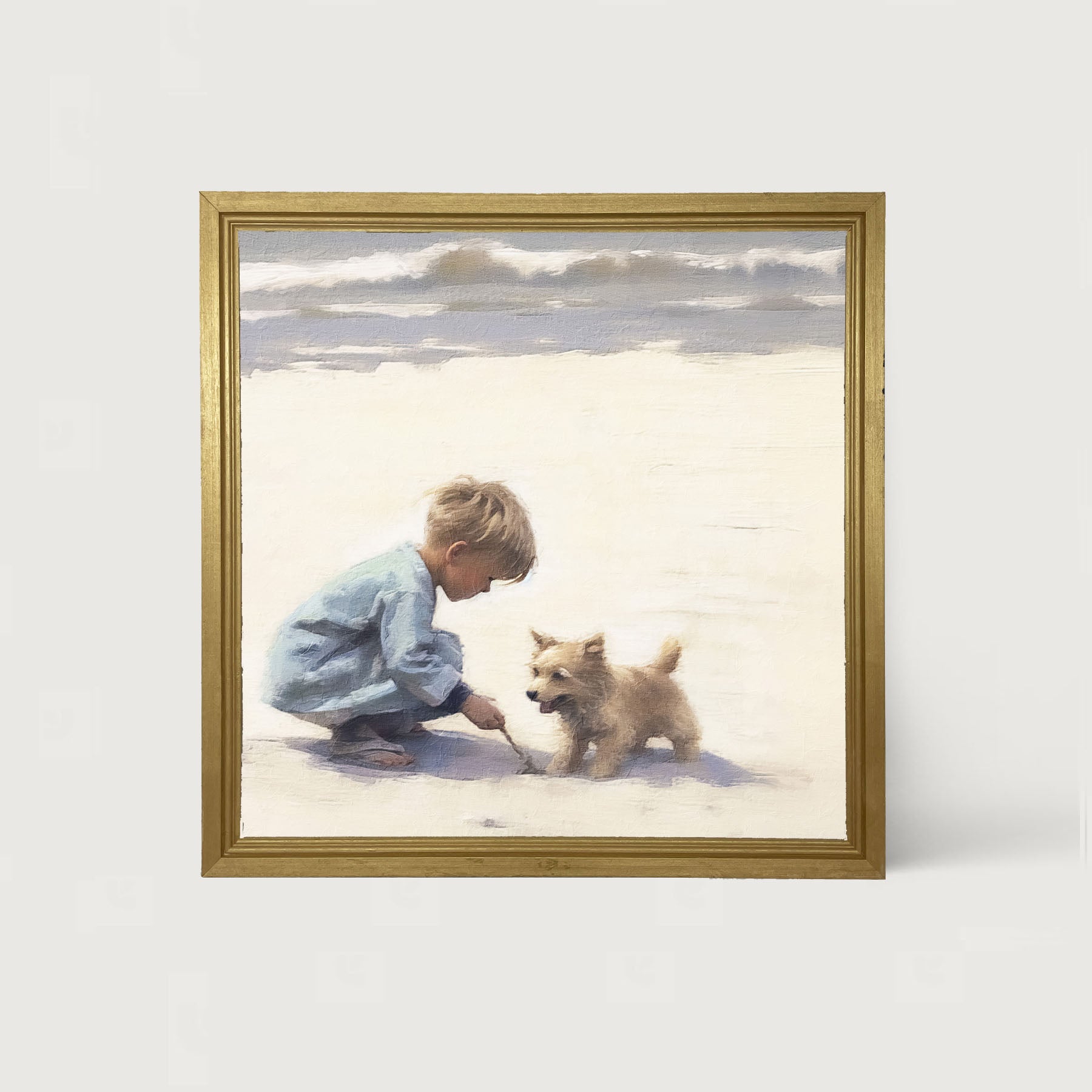 Boy with dog on beach - Framed art