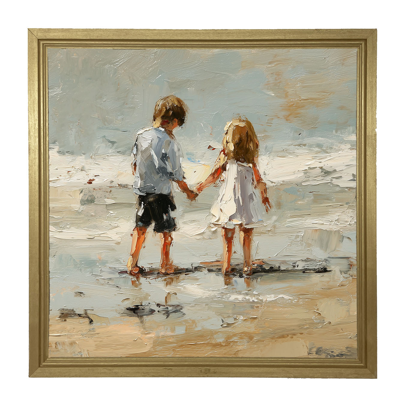 Children walking along Beach - Framed Art
