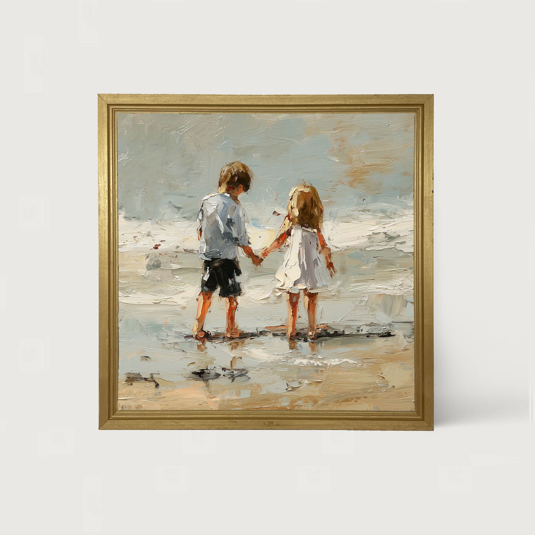 Children walking along Beach - Framed Art