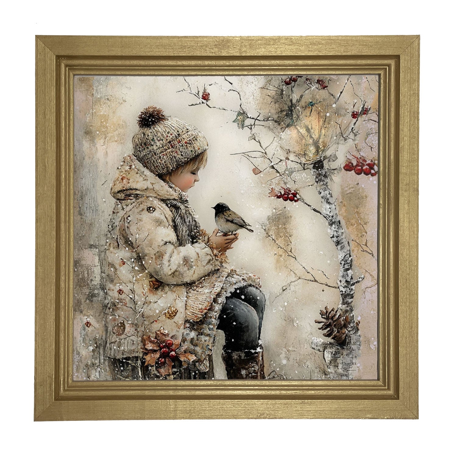 Winter Girl with bird - Framed Art