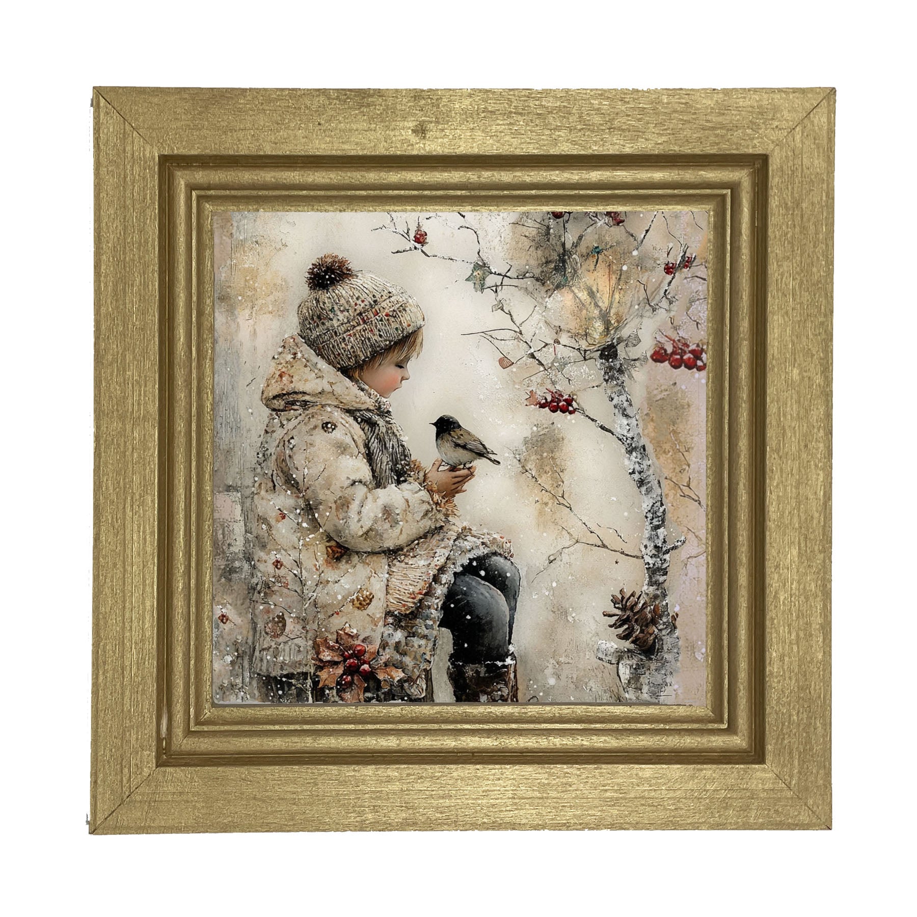 Winter Girl with bird - Framed Art