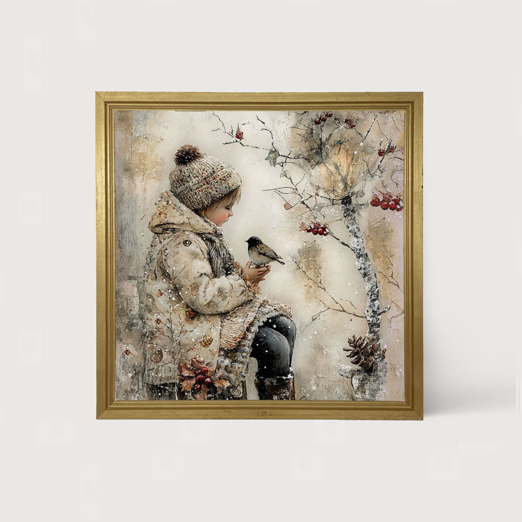 Winter Girl with bird - Framed Art