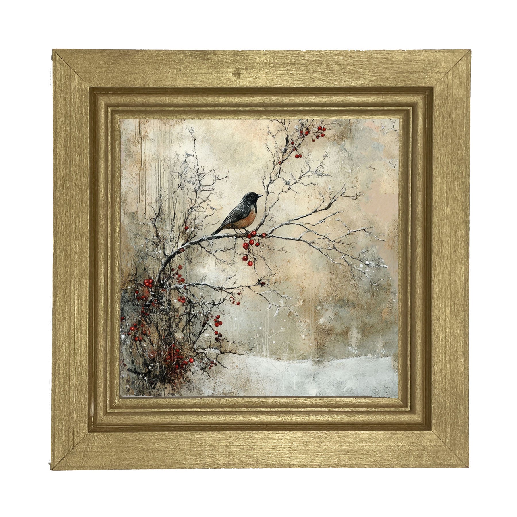 Bird on Berry Branch - Framed Art
