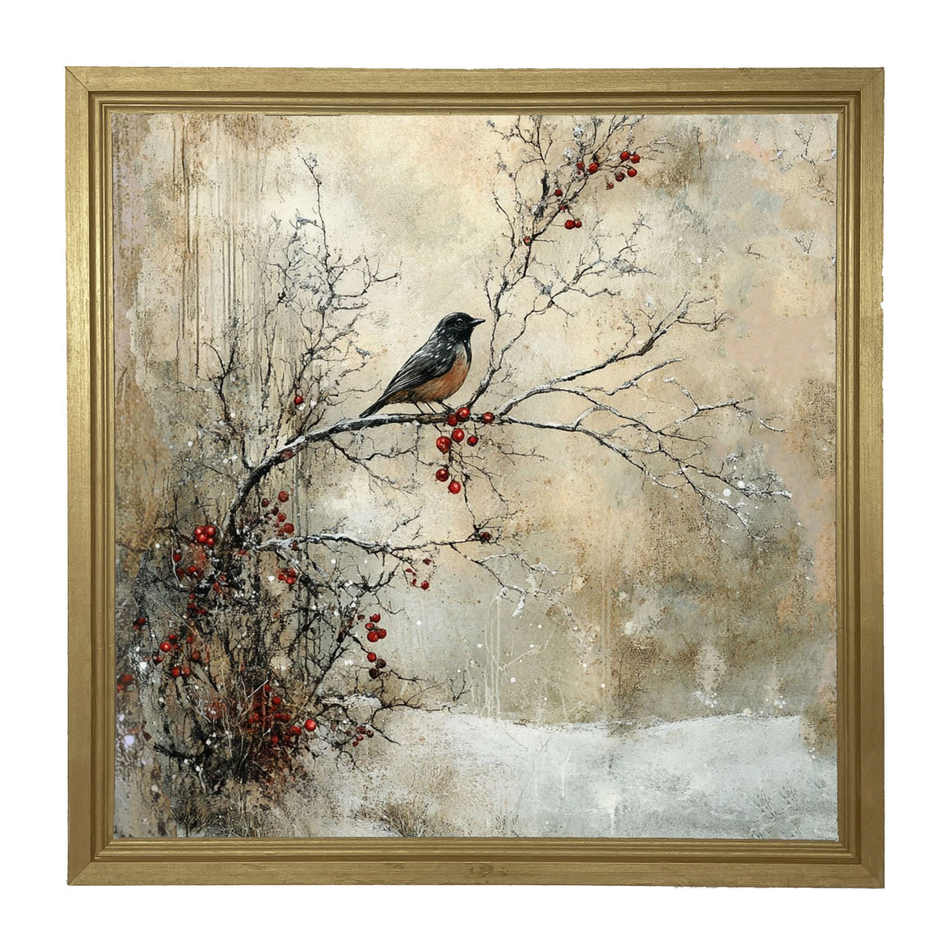 Bird on Berry Branch - Framed Art
