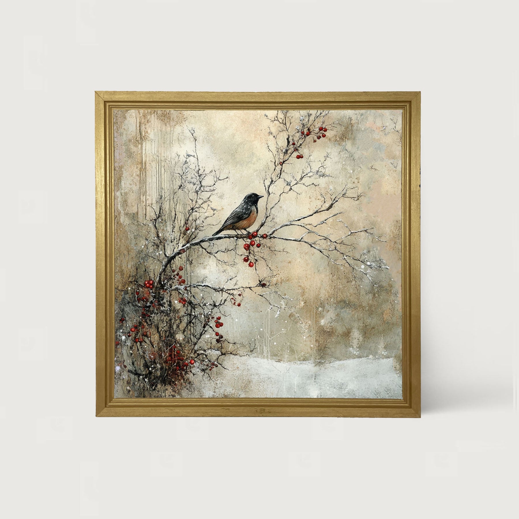 Bird on Berry Branch - Framed Art