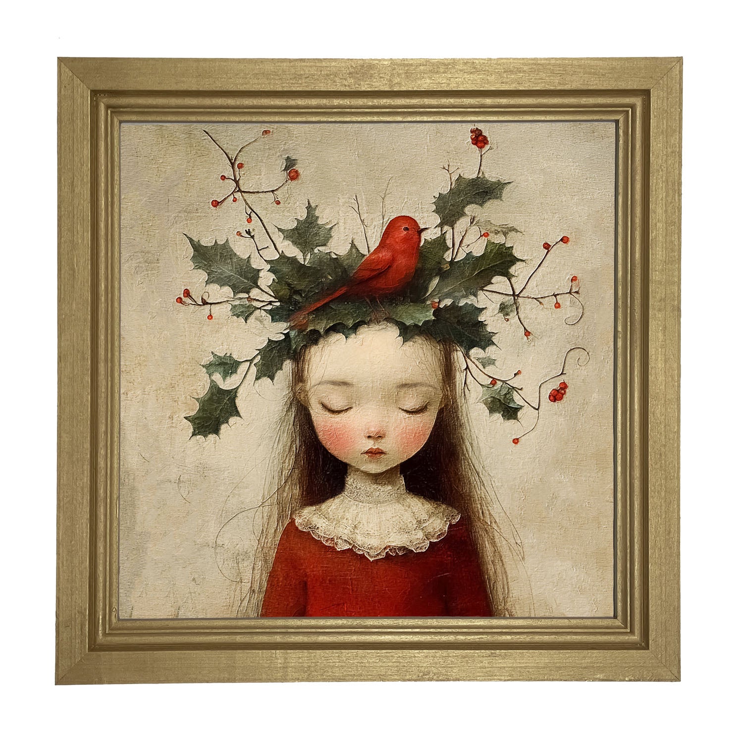 Christmas Girl with Cardinal - Framed Art