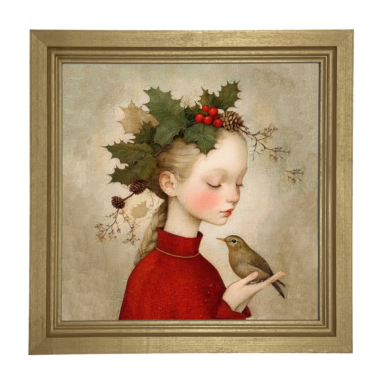 Girl with Holly and Bird - Framed Art
