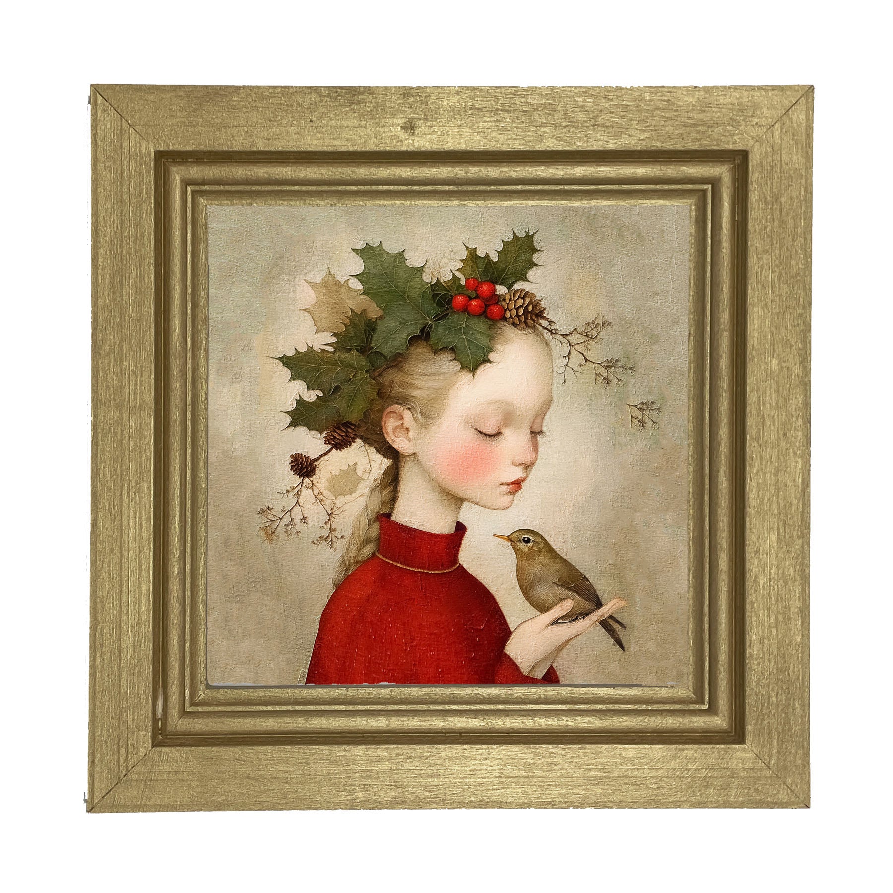 Girl with Holly and Bird - Framed Art