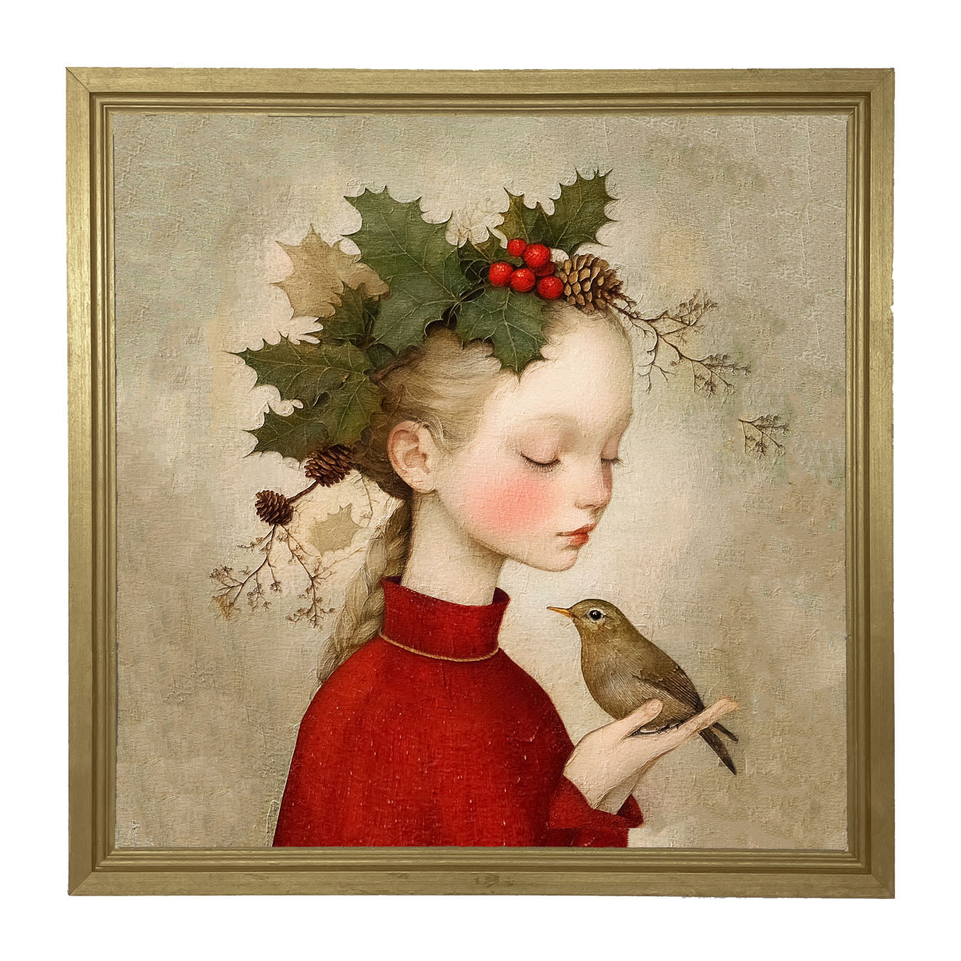 Girl with Holly and Bird - Framed Art