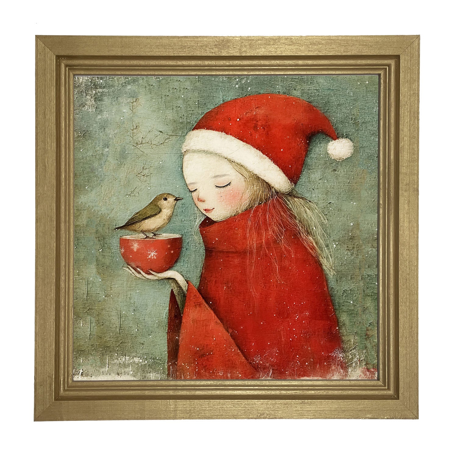 Rustic Christmas girl and bird - Framed Art
