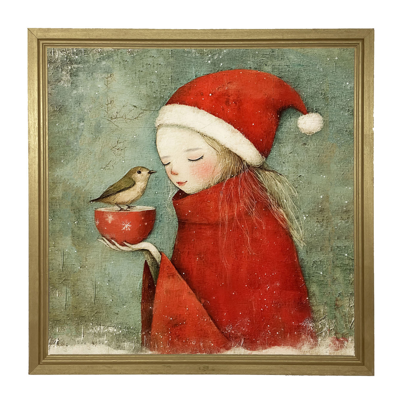 Rustic Christmas girl and bird - Framed Art