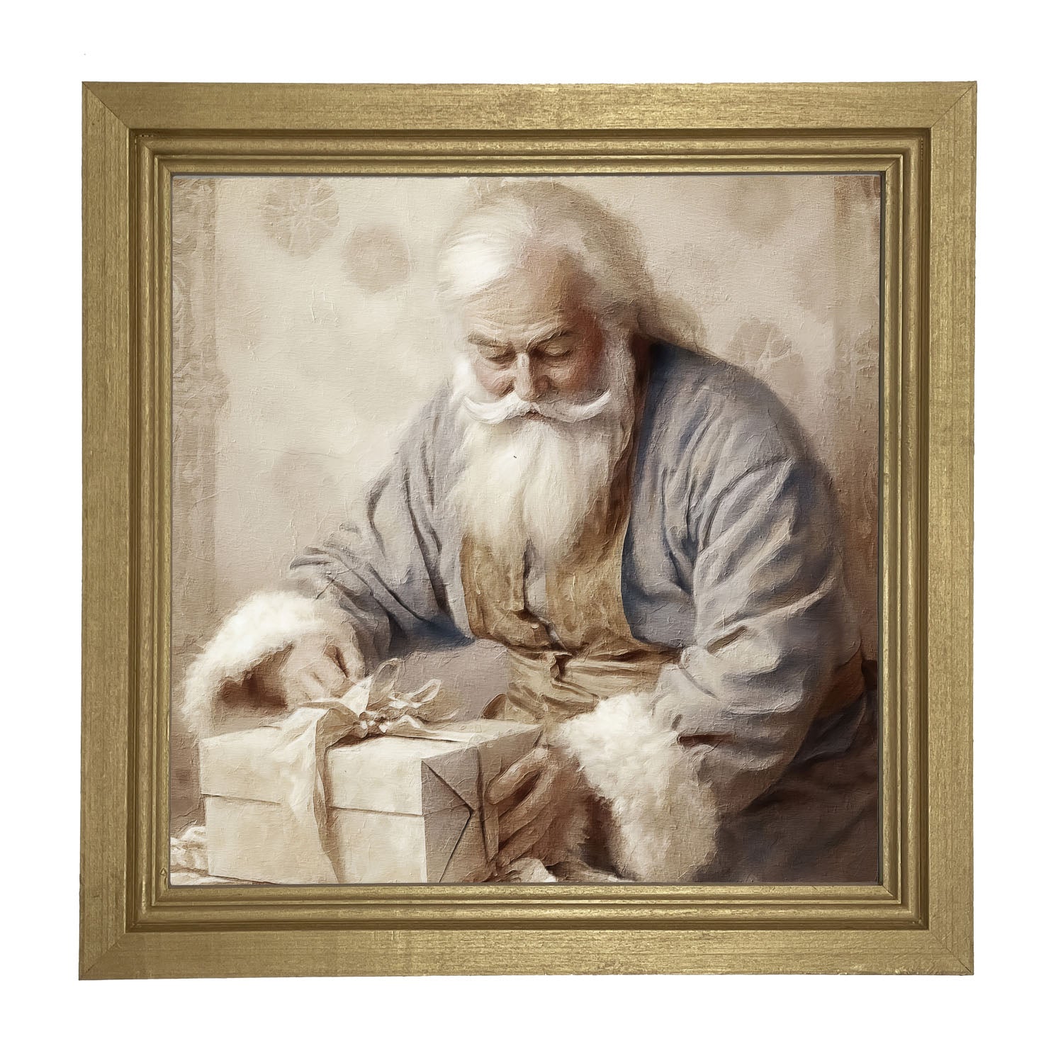 Santa Tying a Bow on a Present - Framed art