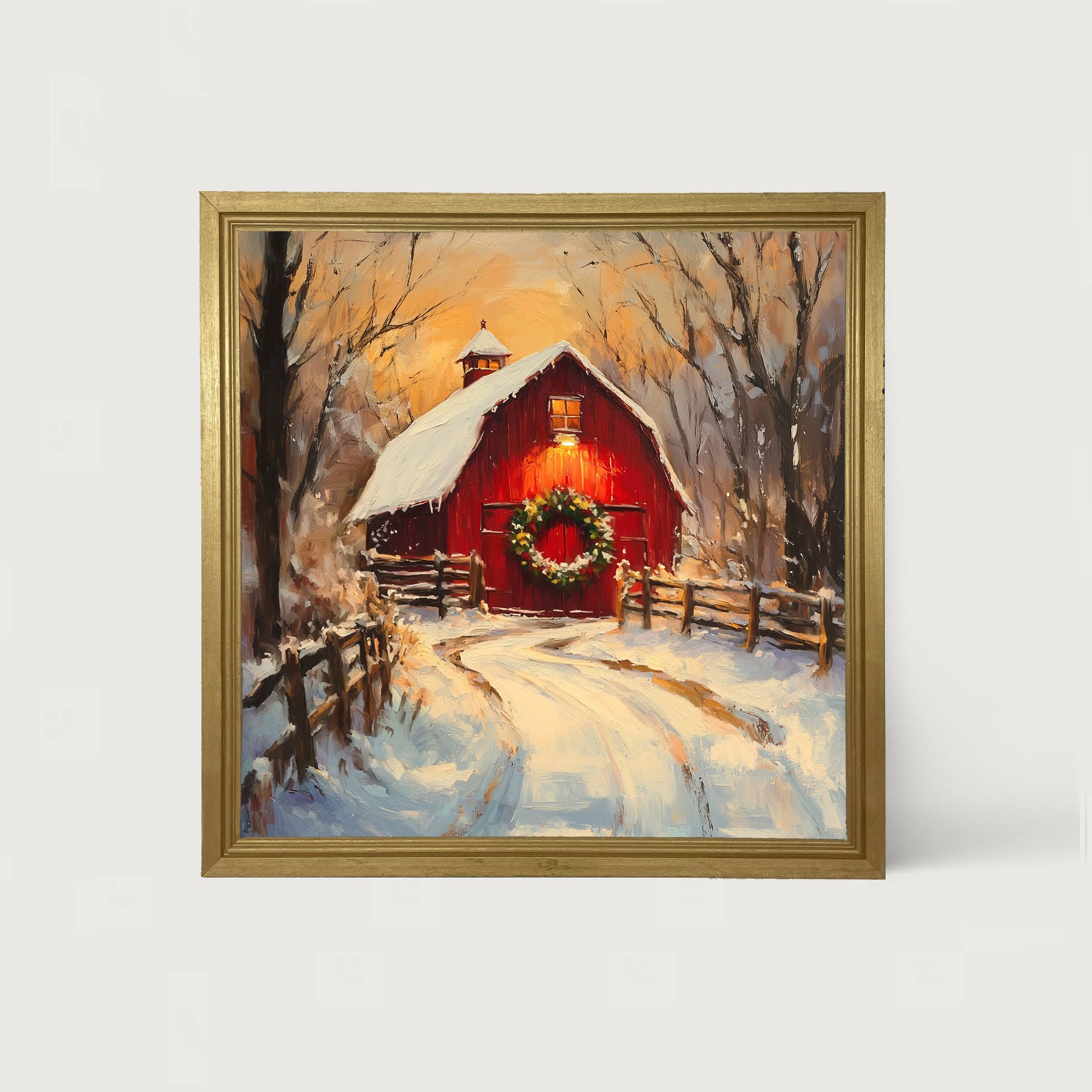 Red Barn at Christmas - Framed art
