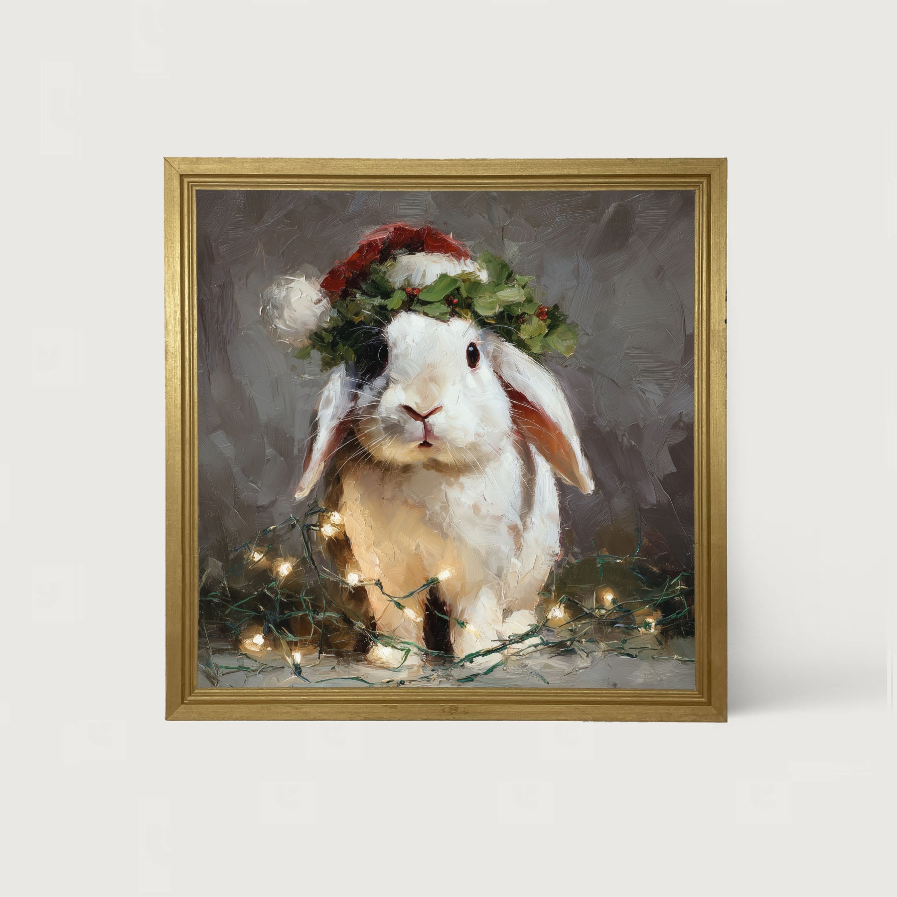 Christmas Lights with White Bunny - Framed art