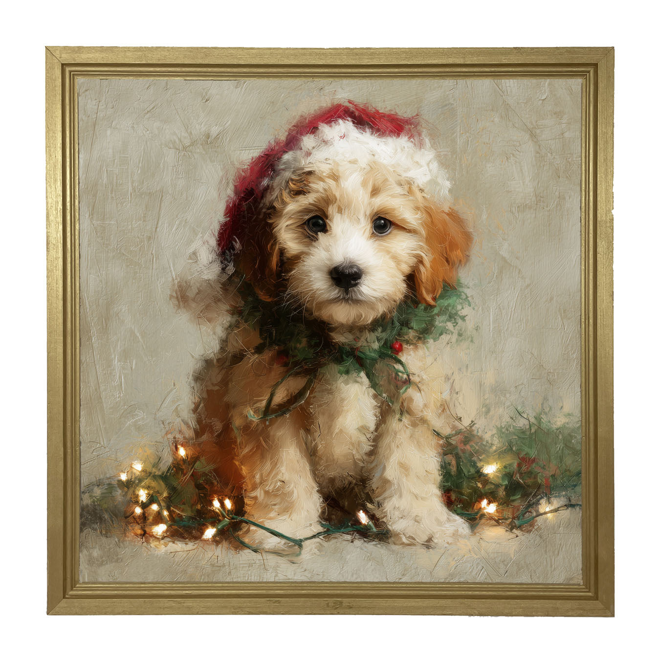 Christmas Lights with Furry Tan Dog - Framed art