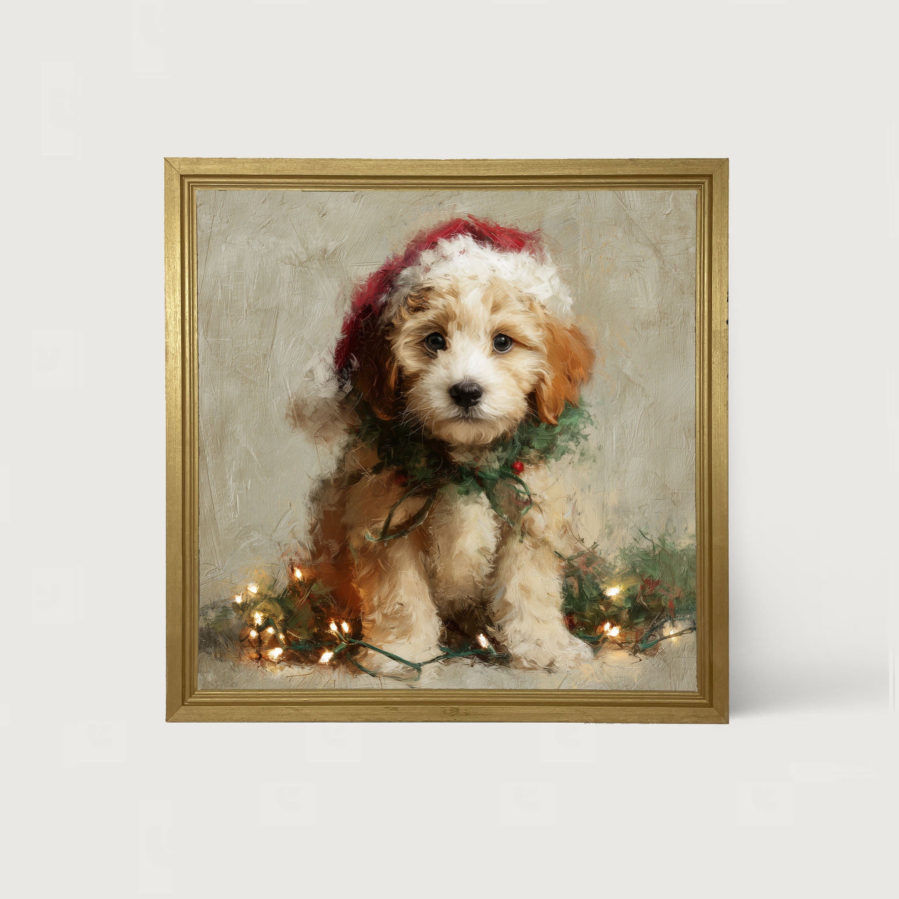 Christmas Lights with Furry Tan Dog - Framed art