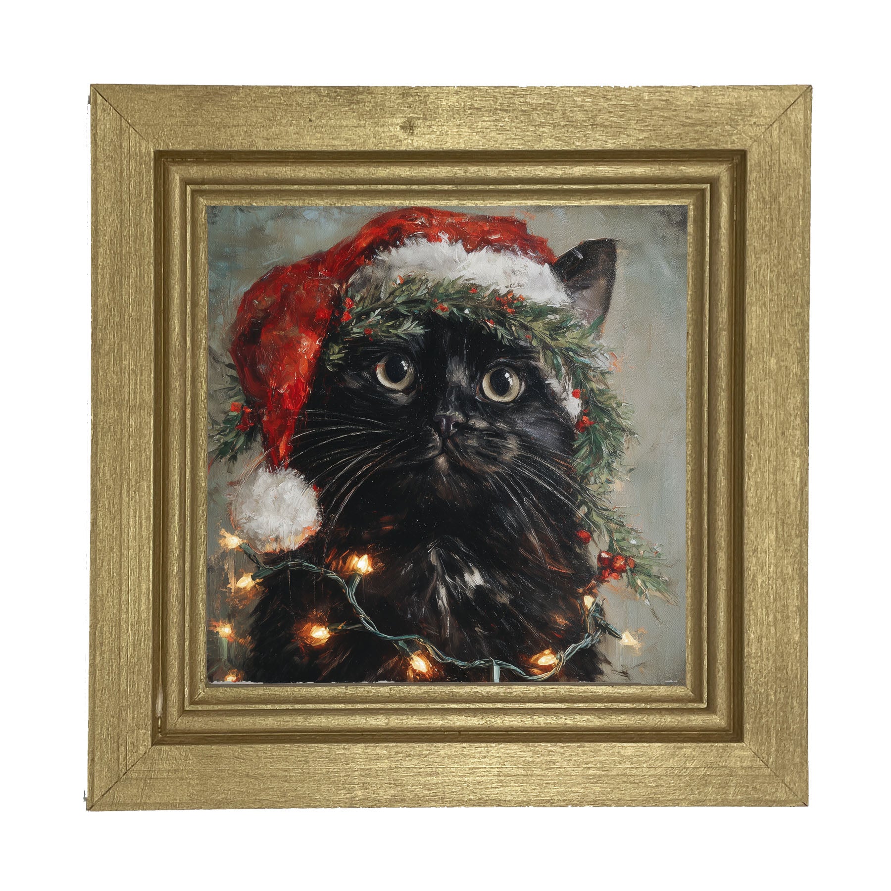 Christmas Lights with Black Cat - Framed art