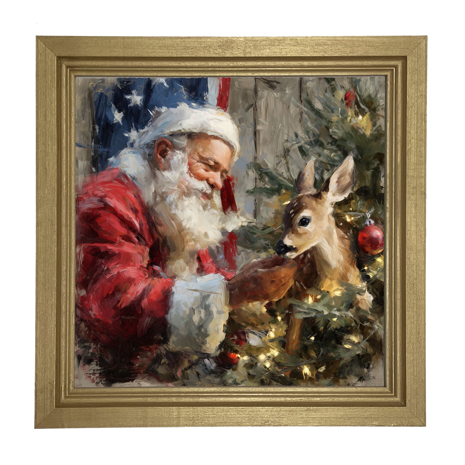 Santa and Deer with Flag - Framed Art