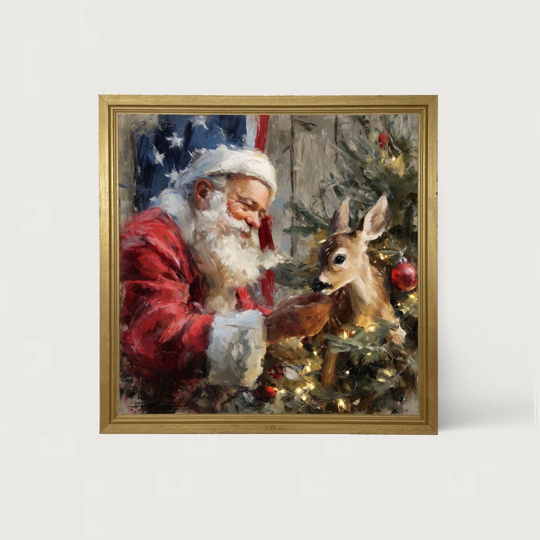 Santa and Deer with Flag