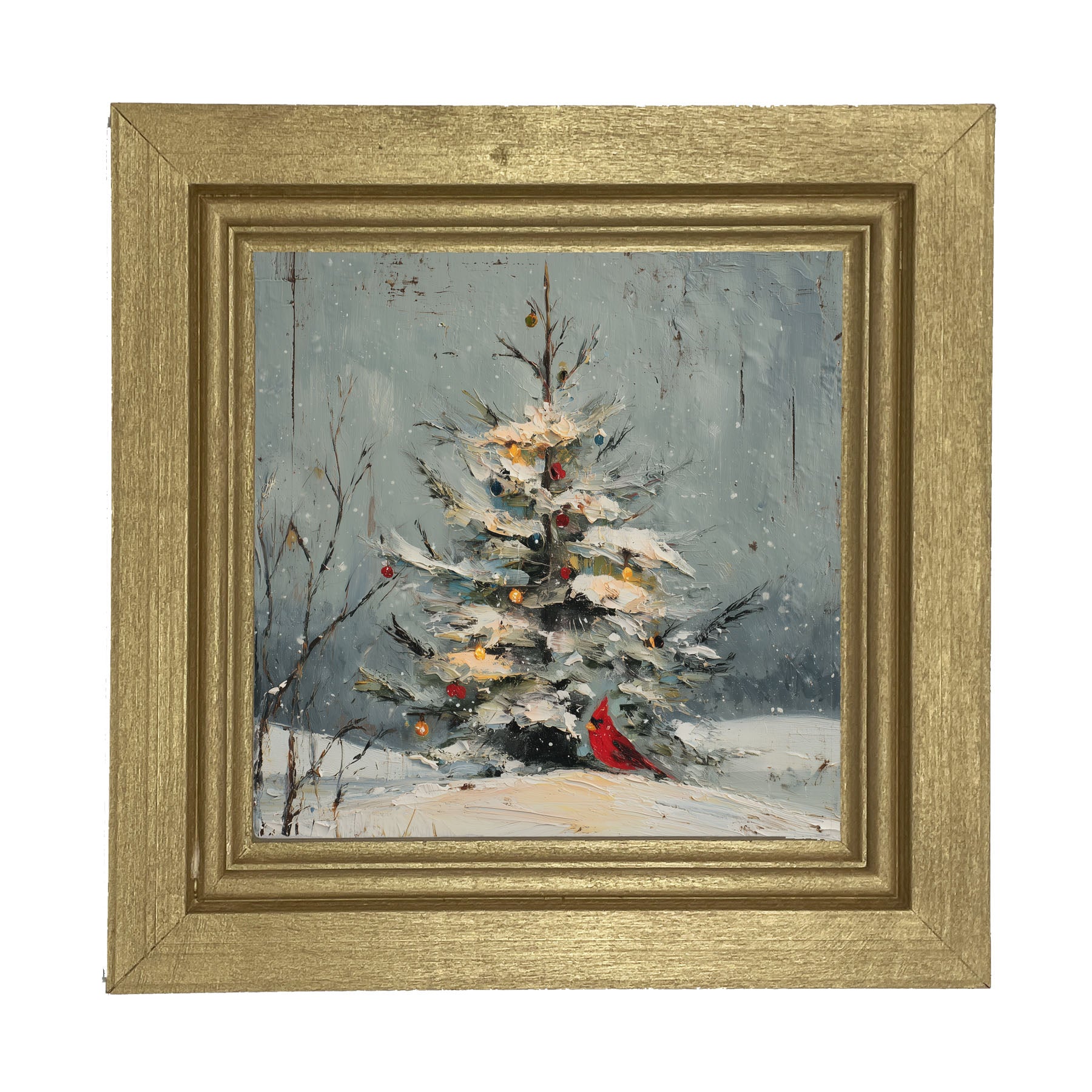 Cardinal Under a Decorated Christmas Tree - Framed Art