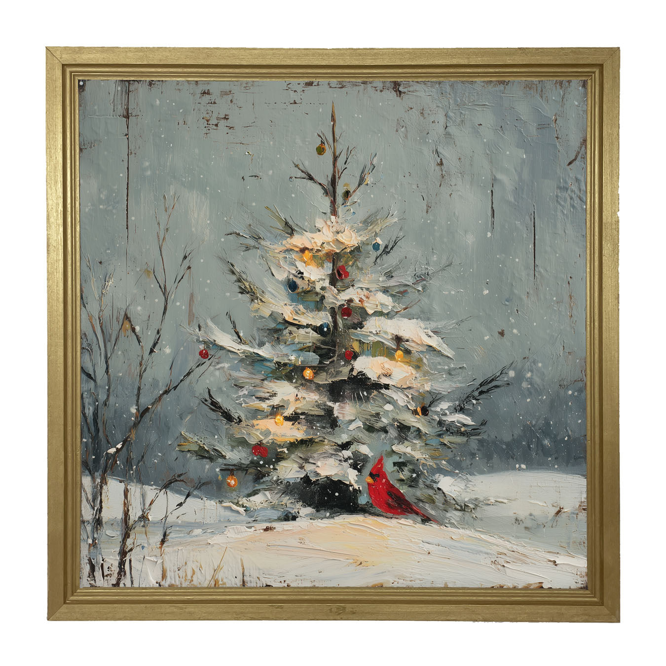 Cardinal Under a Decorated Christmas Tree - Framed Art