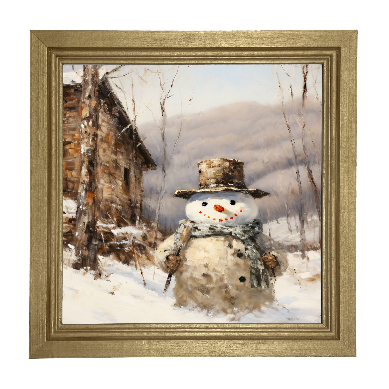 Snowman near barn - Framed art
