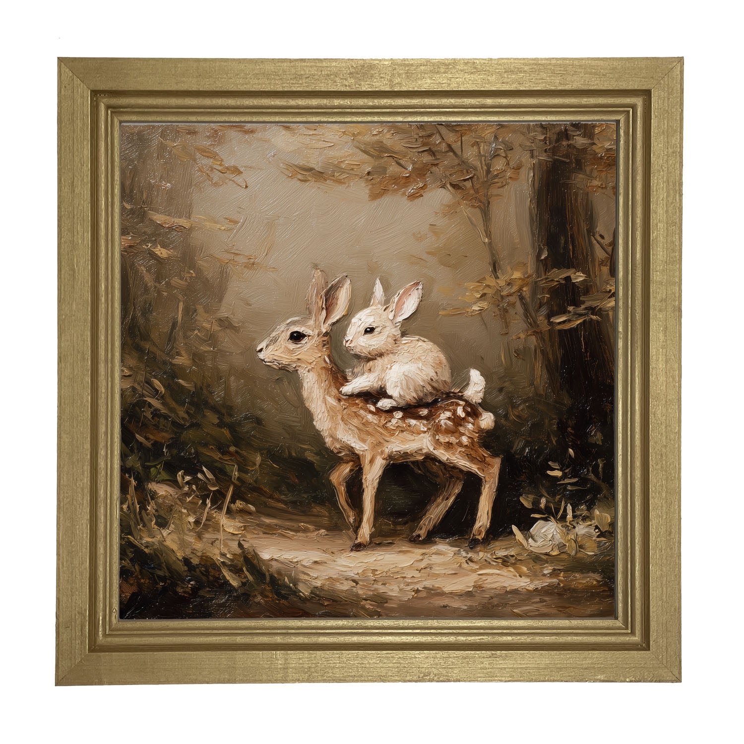 Bunny on Deer in Forest - Framed Art