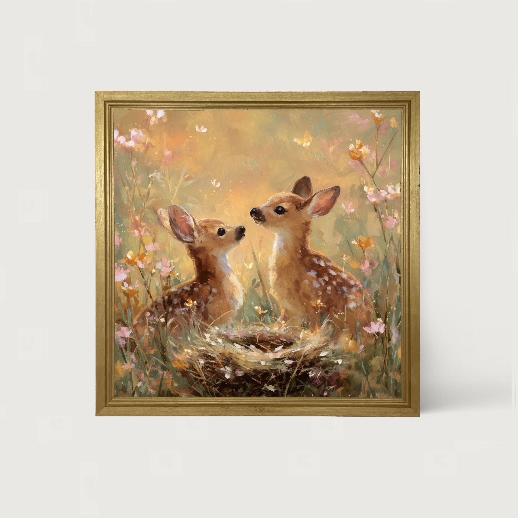 Baby Deer with Flowers - Framed Art