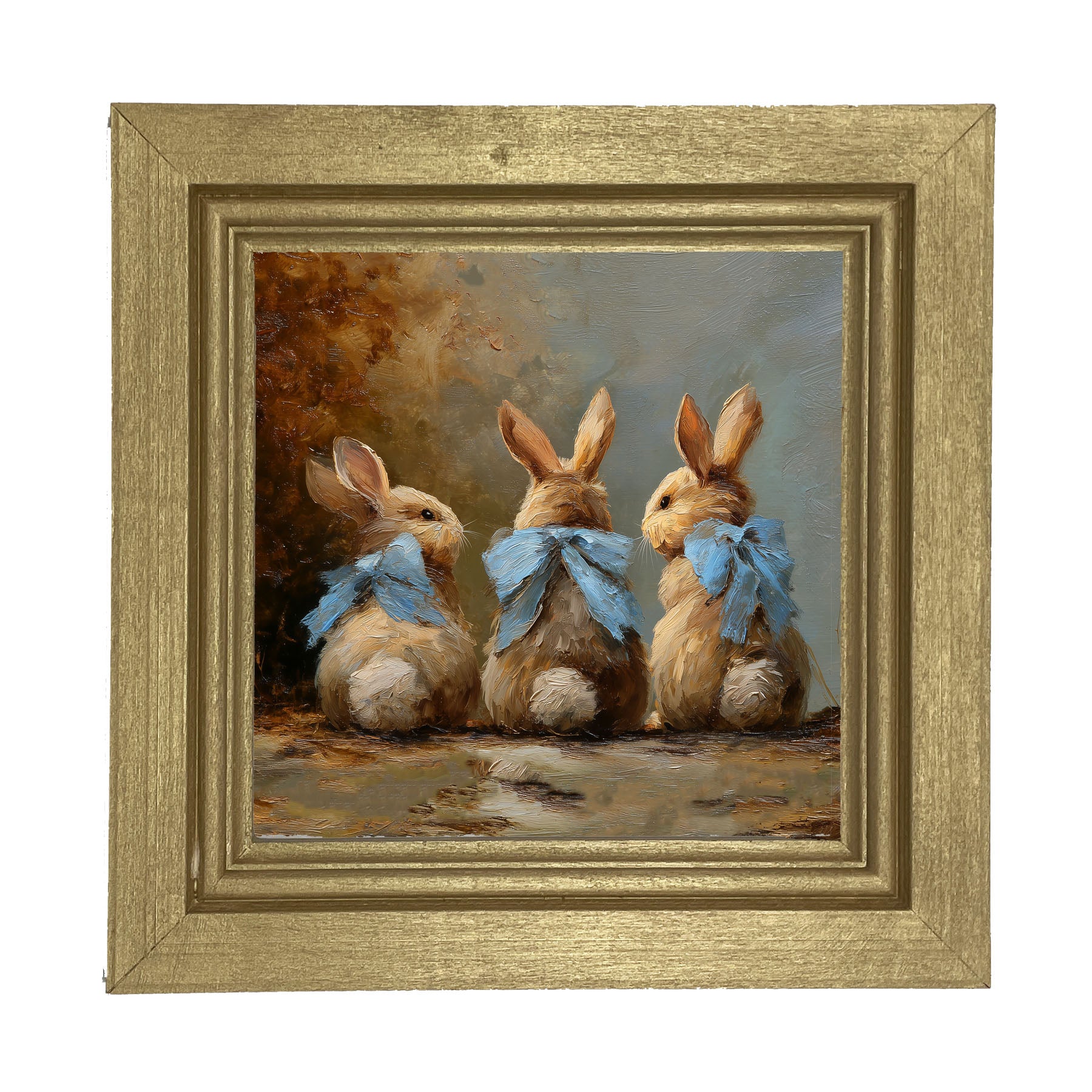 Bunnies with Blue Bows in Autumn - Framed Art
