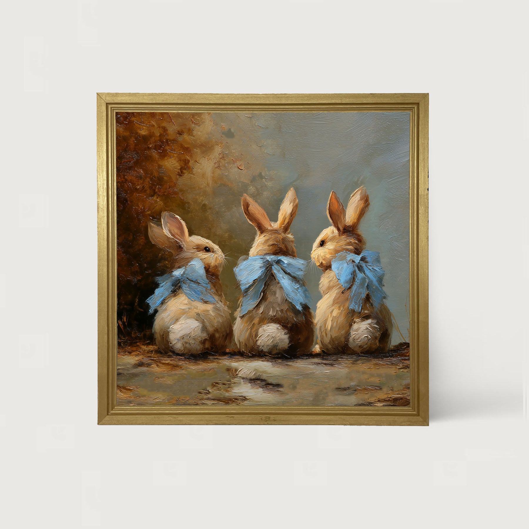 Bunnies with Blue Bows in Autumn