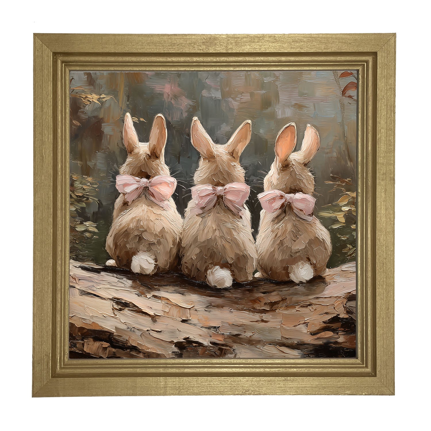 Bunnies with Pink Bows in Forest - Framed Art