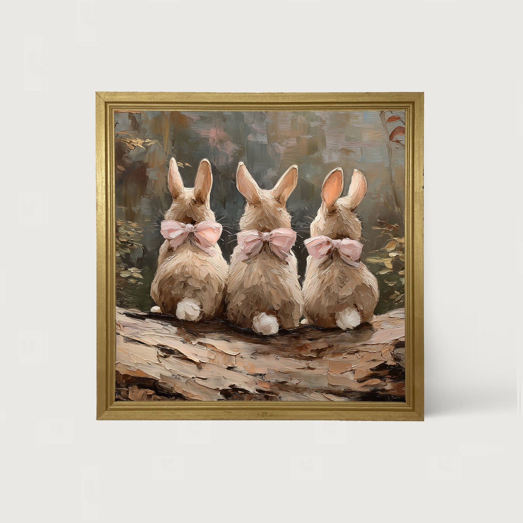 Bunnies with Pink Bows in Forest - Framed Art