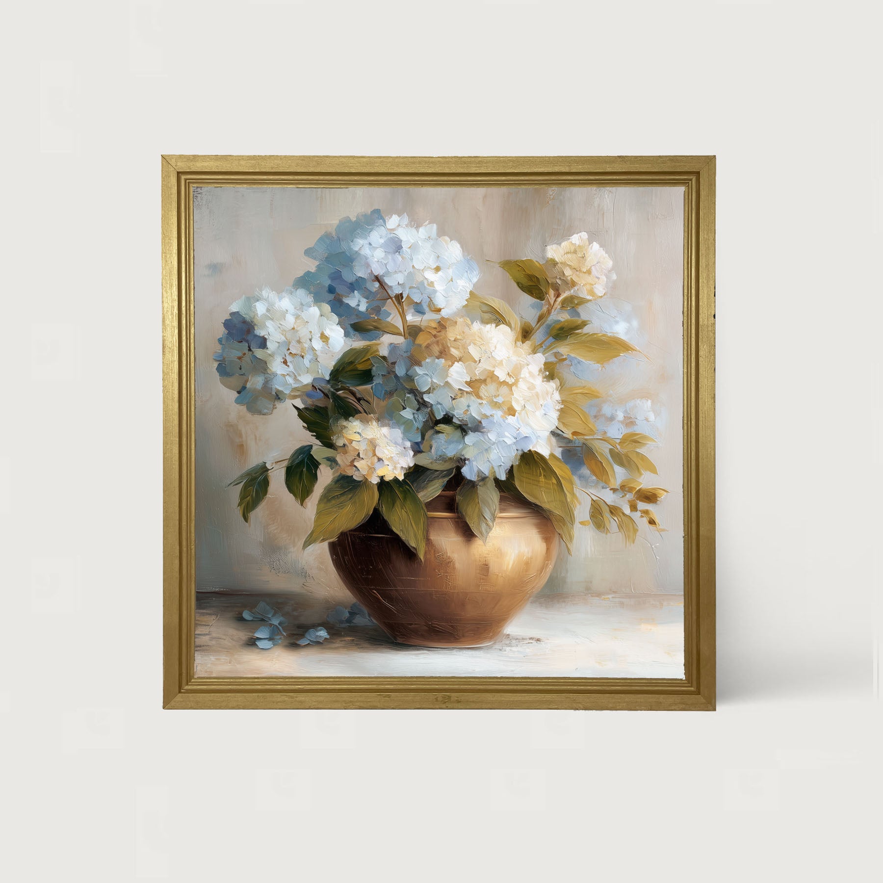 Copper Vase with Blue and White Hydrangeas
