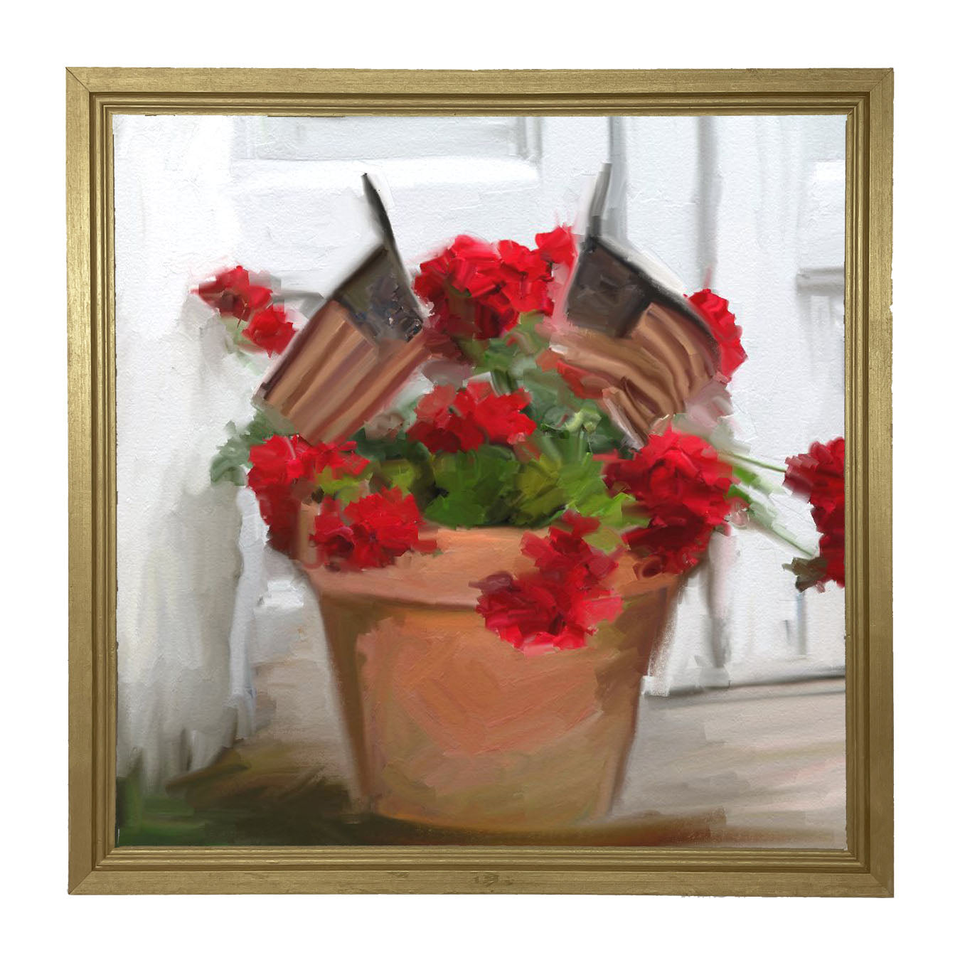 Geraniums with USA Flags - Framed art
