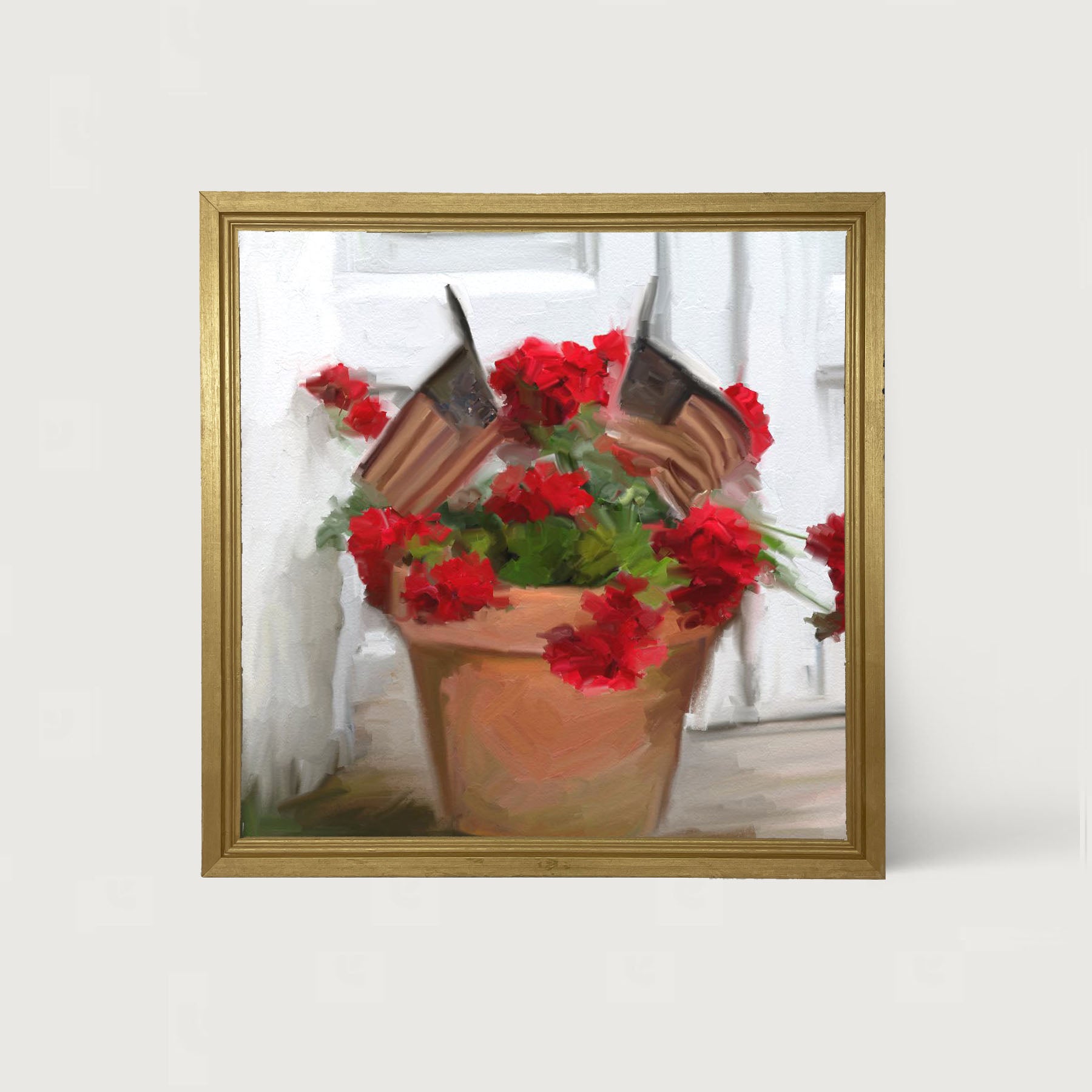 Geraniums with USA Flags - Framed art
