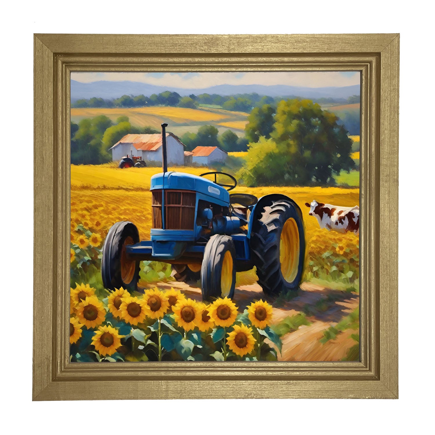 Blue tractor with cow - Framed art