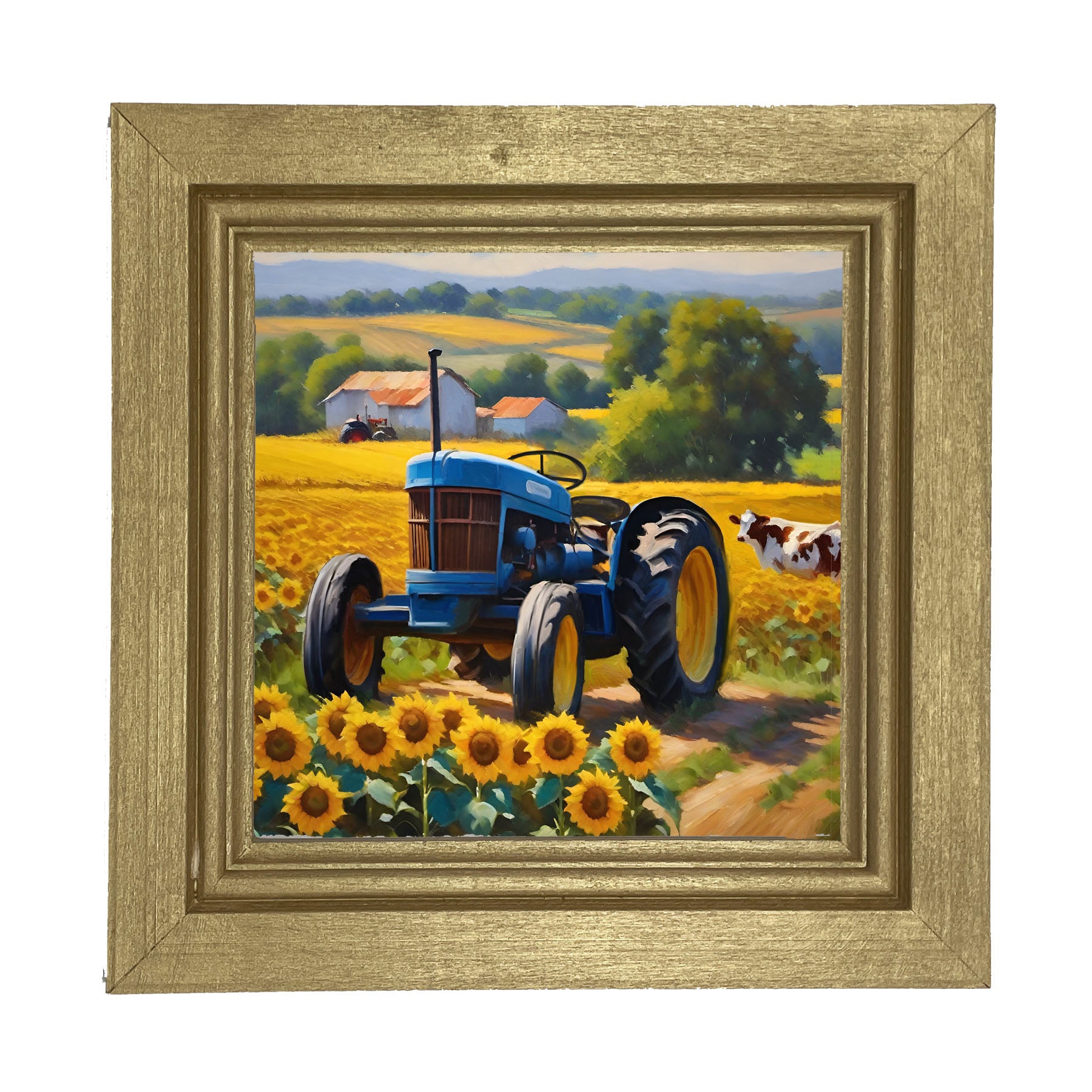 Blue tractor with cow - Framed art
