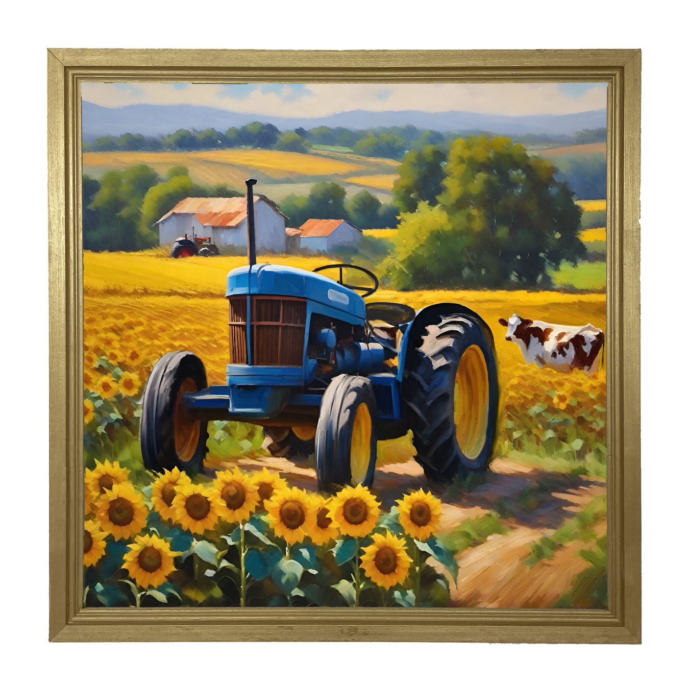 Blue tractor with cow - Framed art