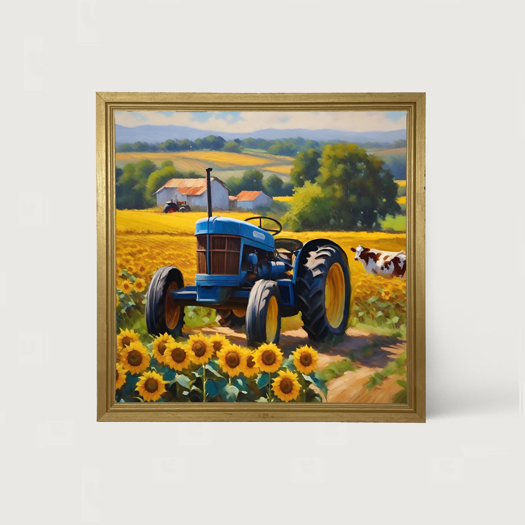 Blue tractor with cow - Framed art