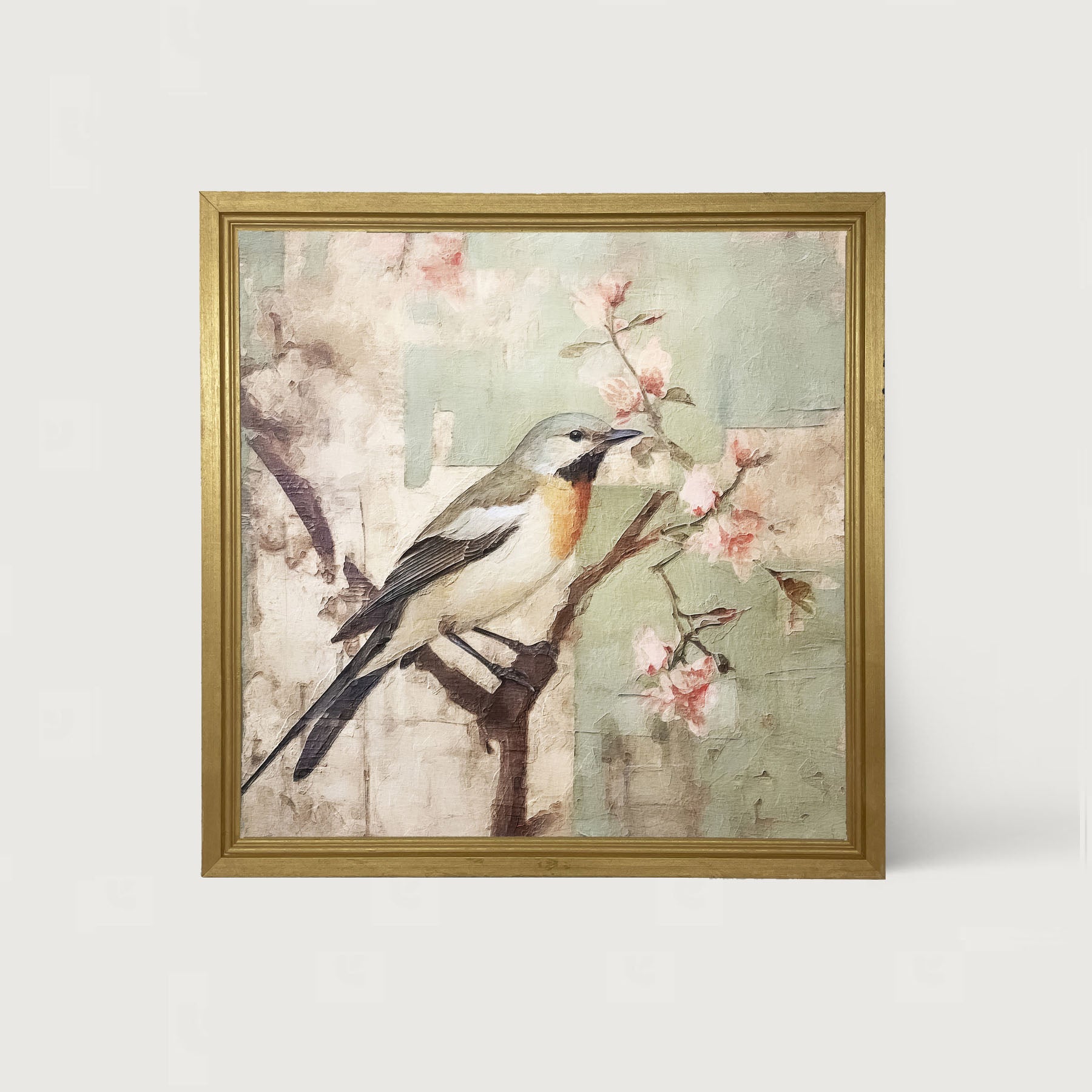 Red-breasted bird on branch - Framed Art